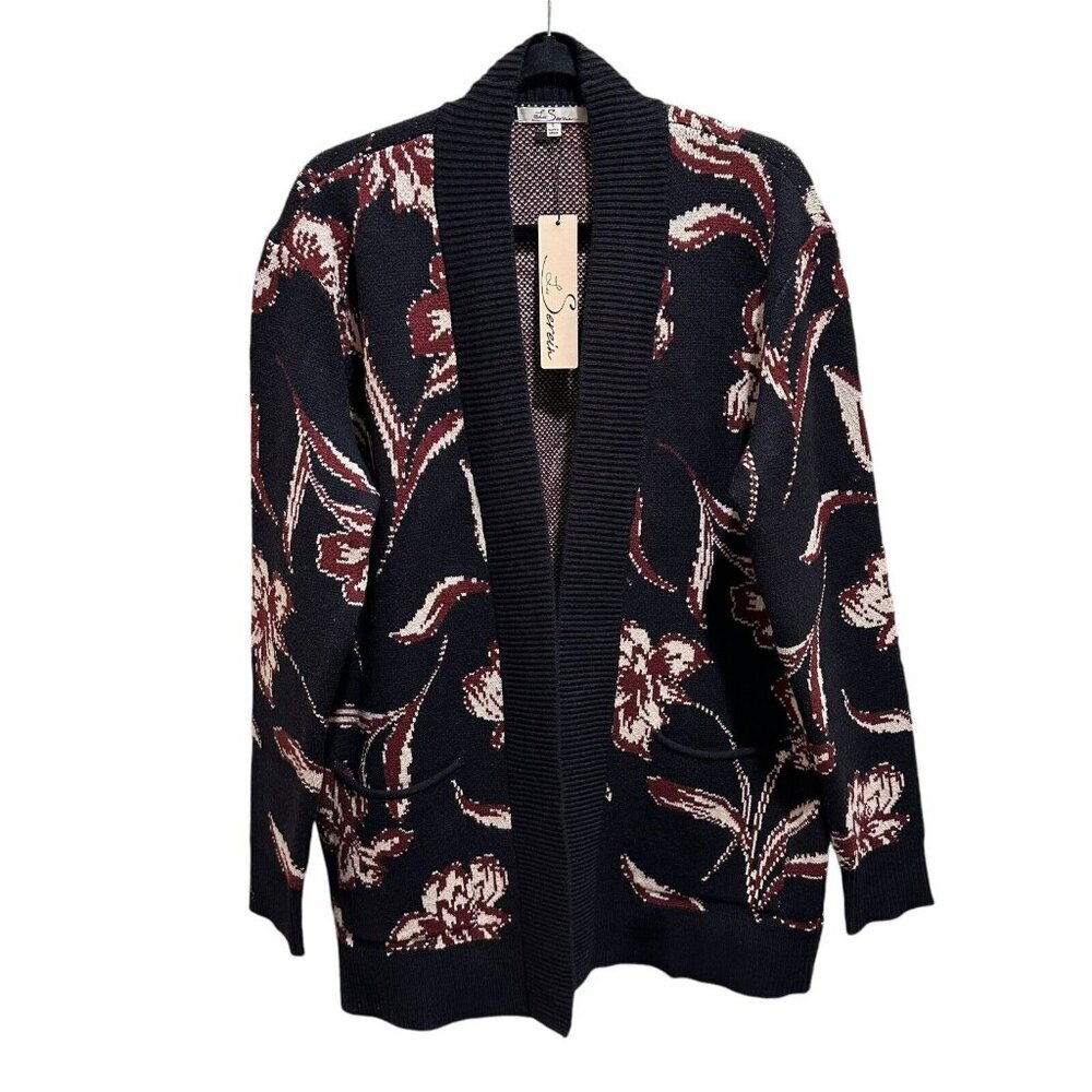 Les Serein Cardigan Size L Black Burgundy Ivory Floral Chunky Knit StitchFix New
